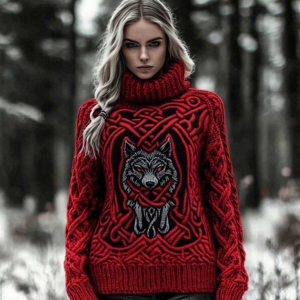 Women's Viking Wolf Knit Jacquard Turtleneck Sweater