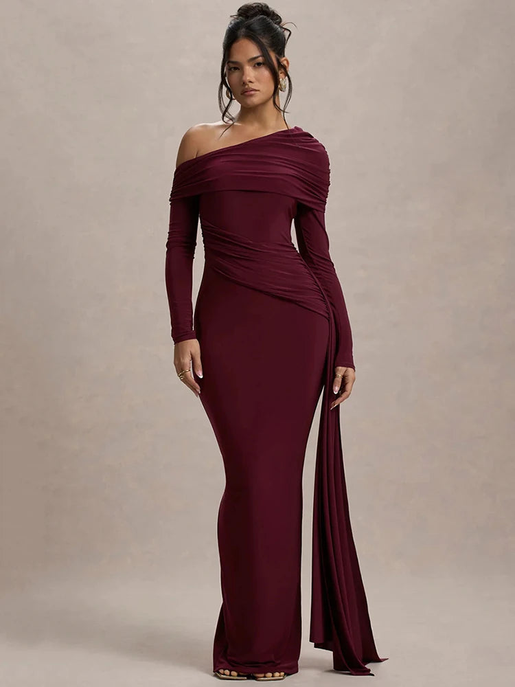 Aurelle Asymmetric Off-Shoulder Bodycon Maxi Dress – Ruched Summer Occasion Dress in Burgundy, Black or Green