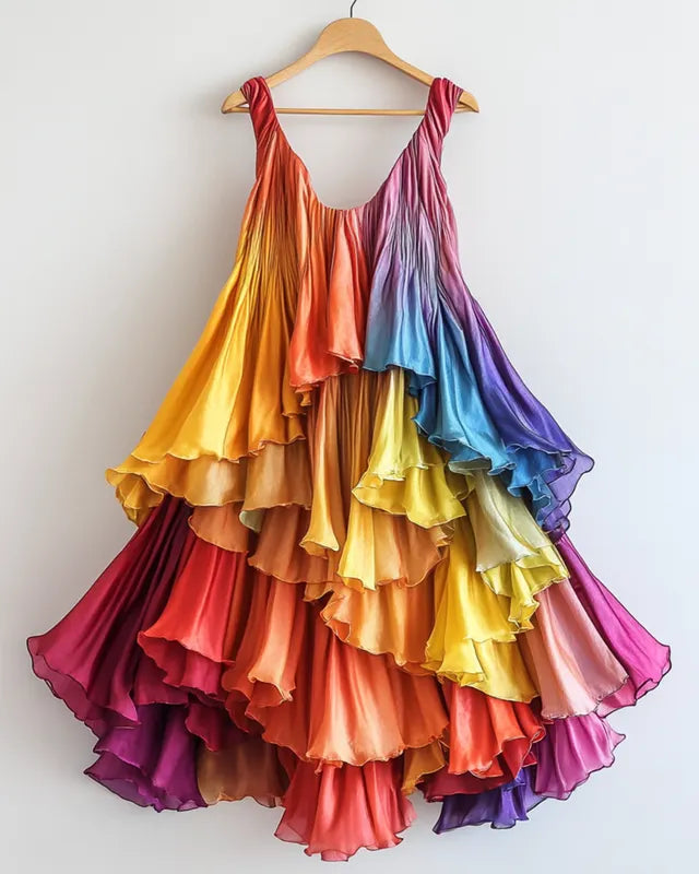 Summer Rainbow Satin Stitching Ruffle Sleeveless Dress  e2c4
