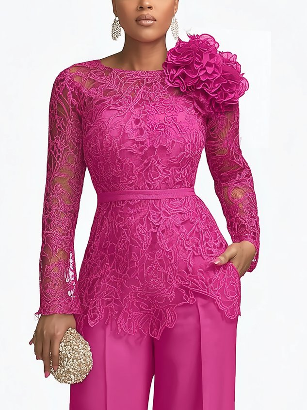 Urban Plain Lace Crew Neck Blouse With 3D Floral