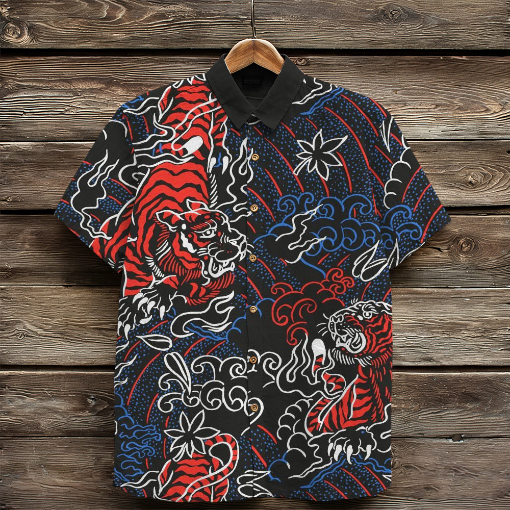 Vintage Japanese Tiger Art Pattern Linen Shirt