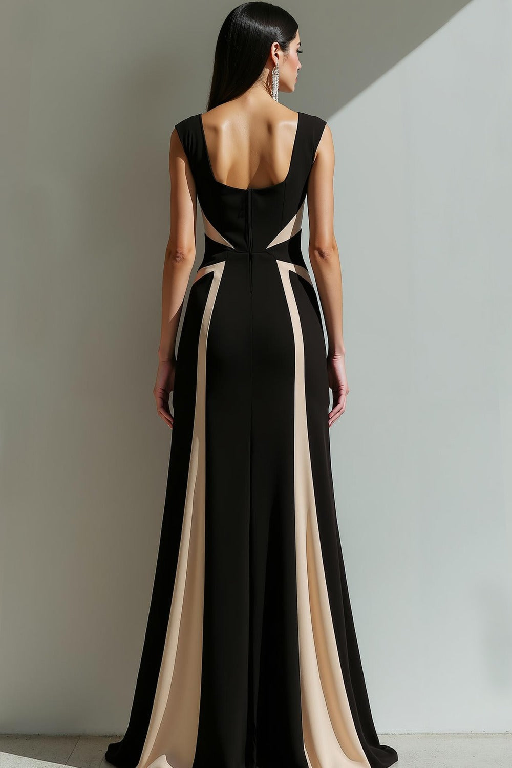 Evening Formal Dress Sheath Black Crew Neck Splicing Maxi Dress