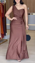 Brown Satin One-Shoulder Maxi Dress