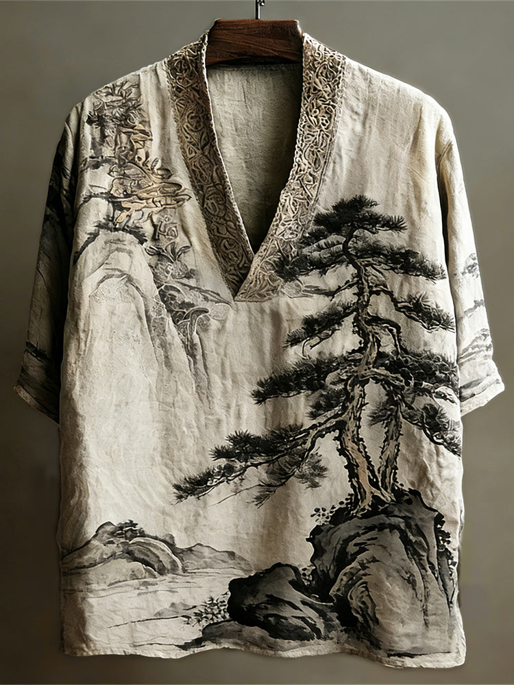 Japanese Landscape Botanical Vintage Men's Linen V-neck Shirt