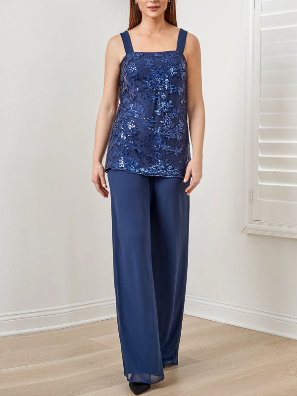Suit Sequined Chiffon Embroidered Top + Chiffon Long Pants