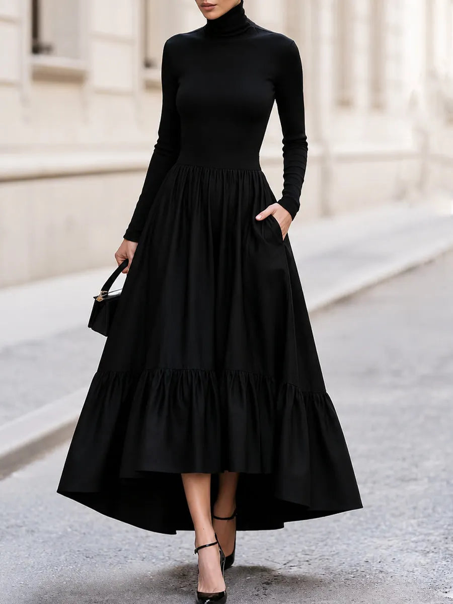 Turtleneck Long‑Sleeve High‑Low Tiered Maxi Dress With Side Pockets