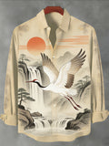 Men's Landscape Flying Crane Mandarin Collar Printed Long Sleeve Shirt