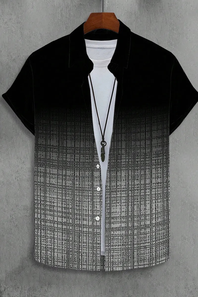 Men's Black Summer Casual Streetwear City Break Geometric Jacquard Stripe Print Short Sleeve Button Up Shirt,Relaxed Fit Camp Collar Beach Top
