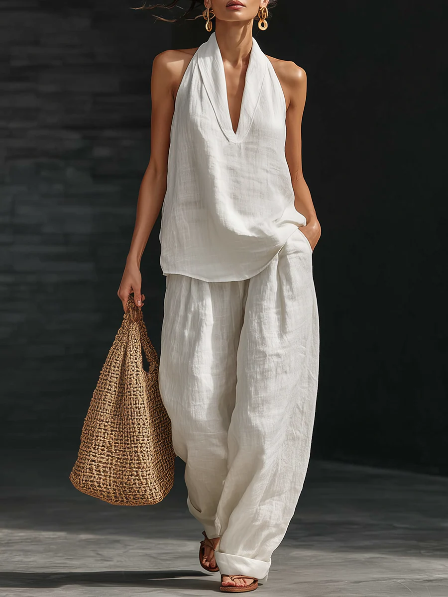 White Faux Linen V-neck Sleeveless Top And Wide-leg Pants Set