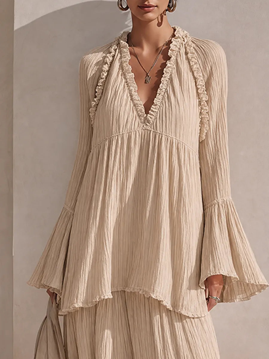 Women's Solid Beige Crinkled-Texture Tiered Ruffle Maxi Dress MDZ0232G9ZRK
