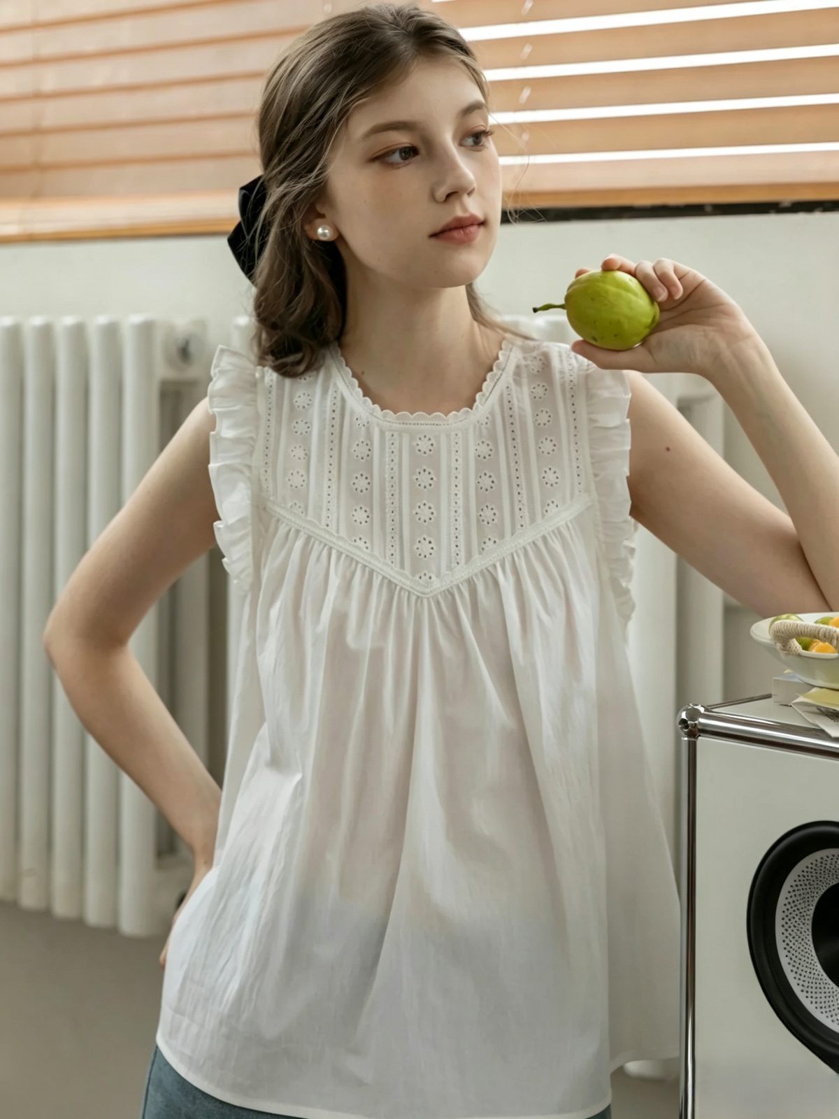 White Eyelet Ruffle Sleeveless Blouse