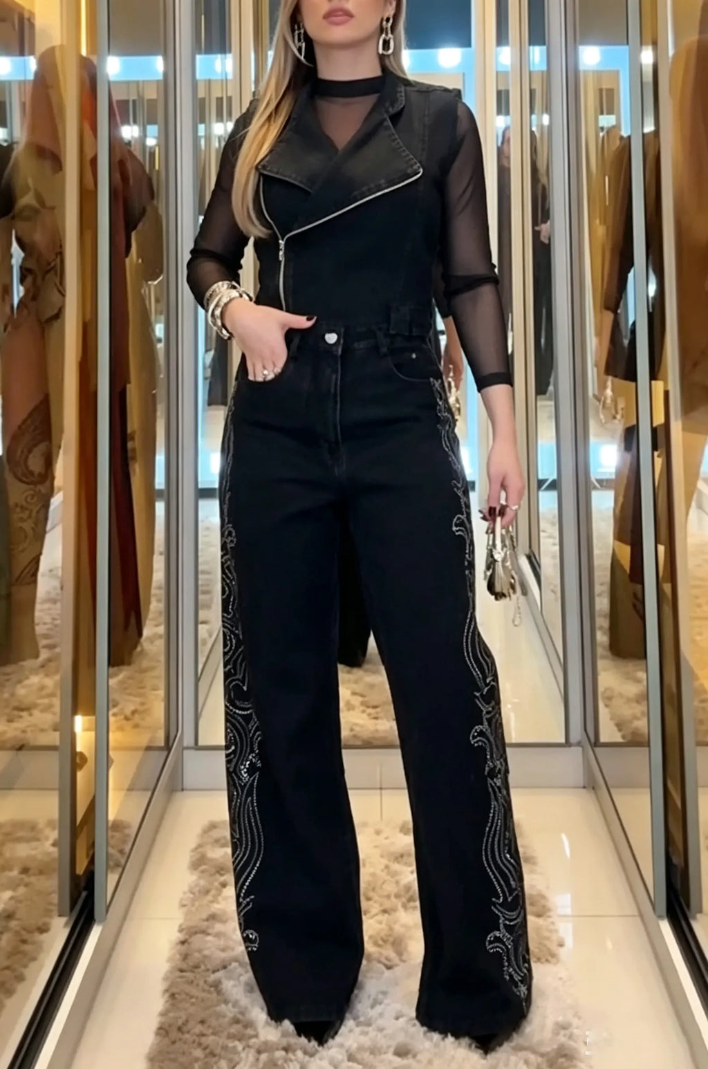 Women's Casual Lapel Denim Vest or Side Rhinestone Jeans