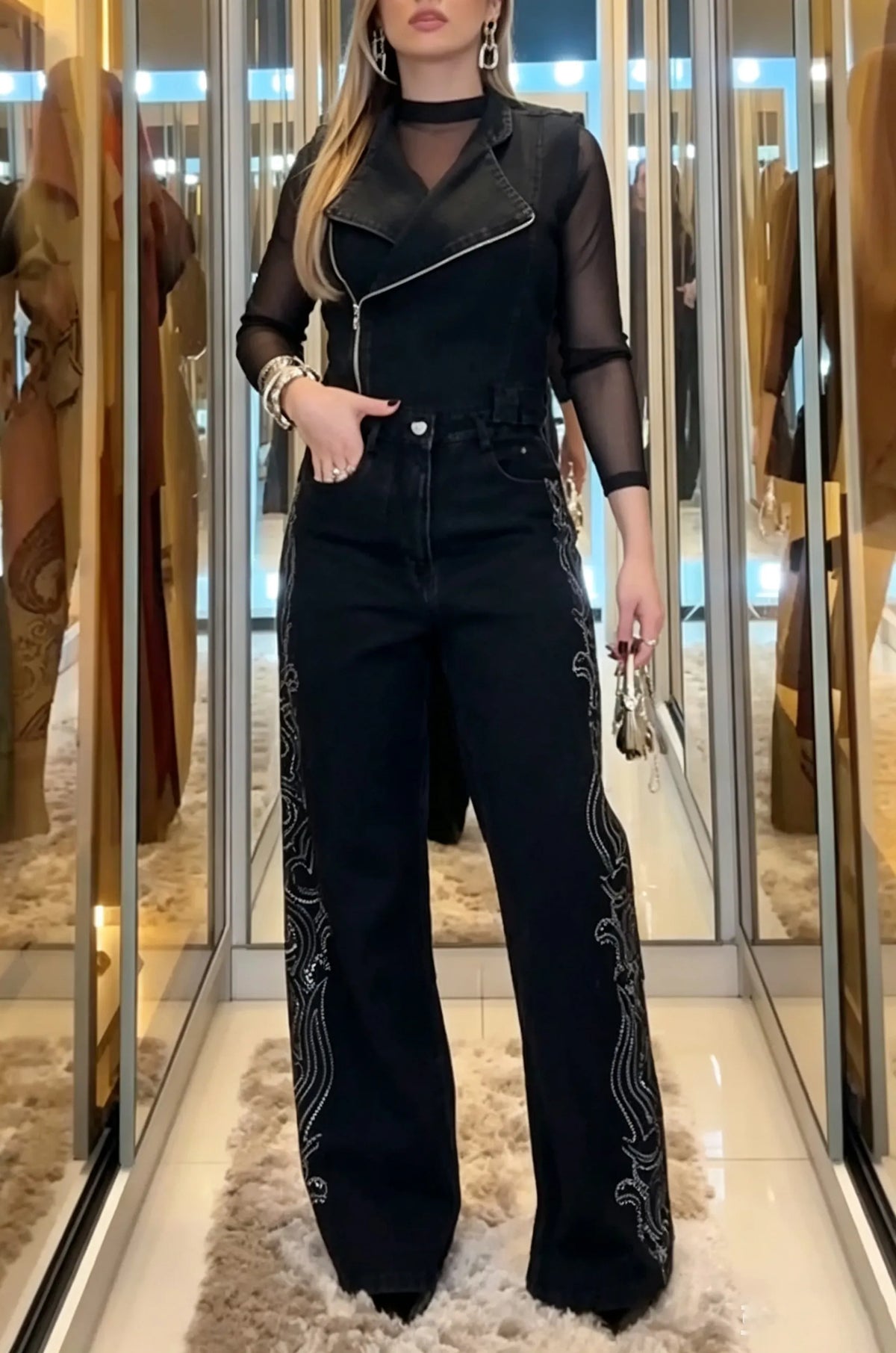 Women's Casual Lapel Denim Vest or Side Rhinestone Jeans