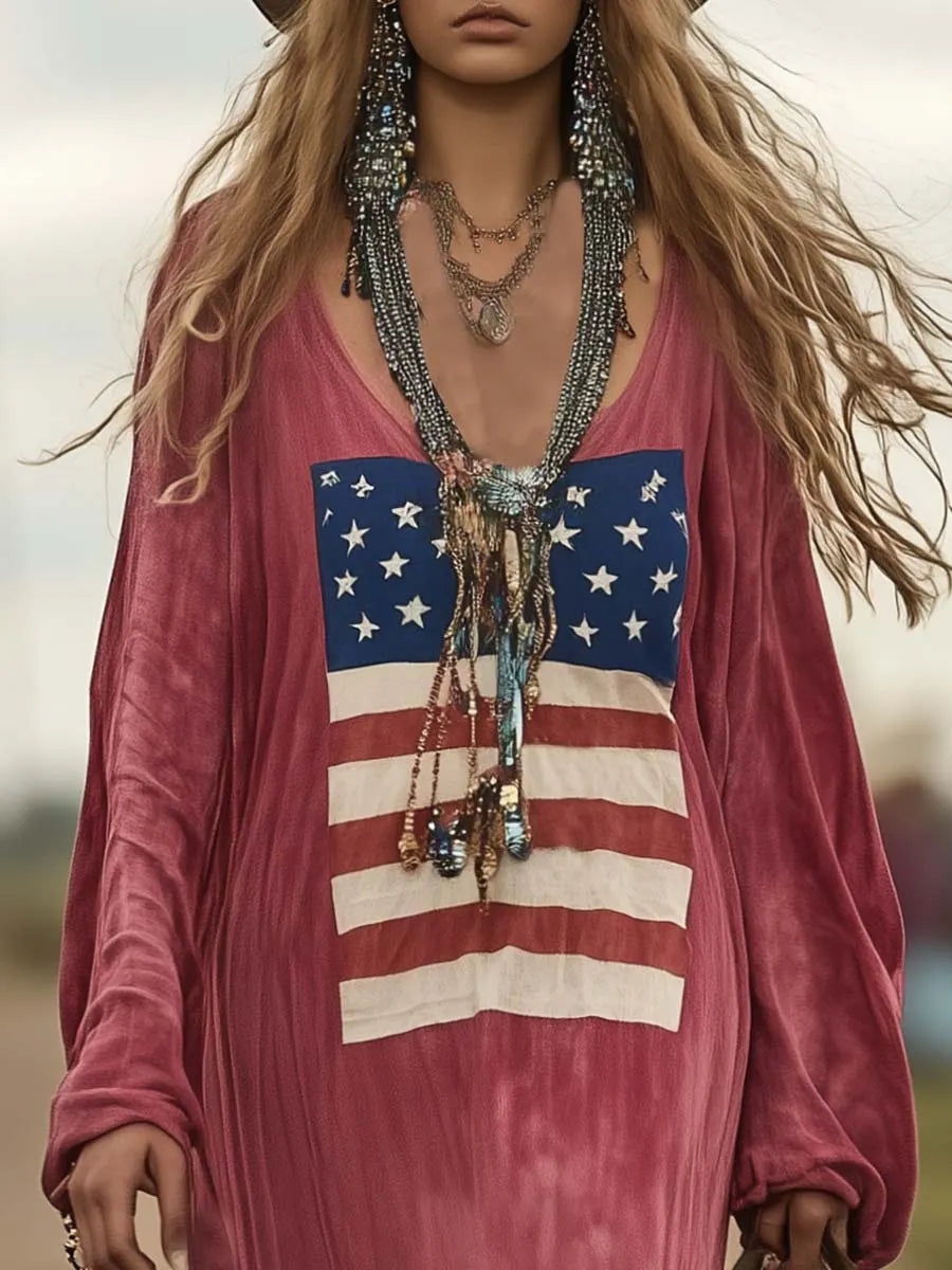 Vintage Casual Western Long Sleeve Flag Print Pink Cotton Loose Maxi Dress