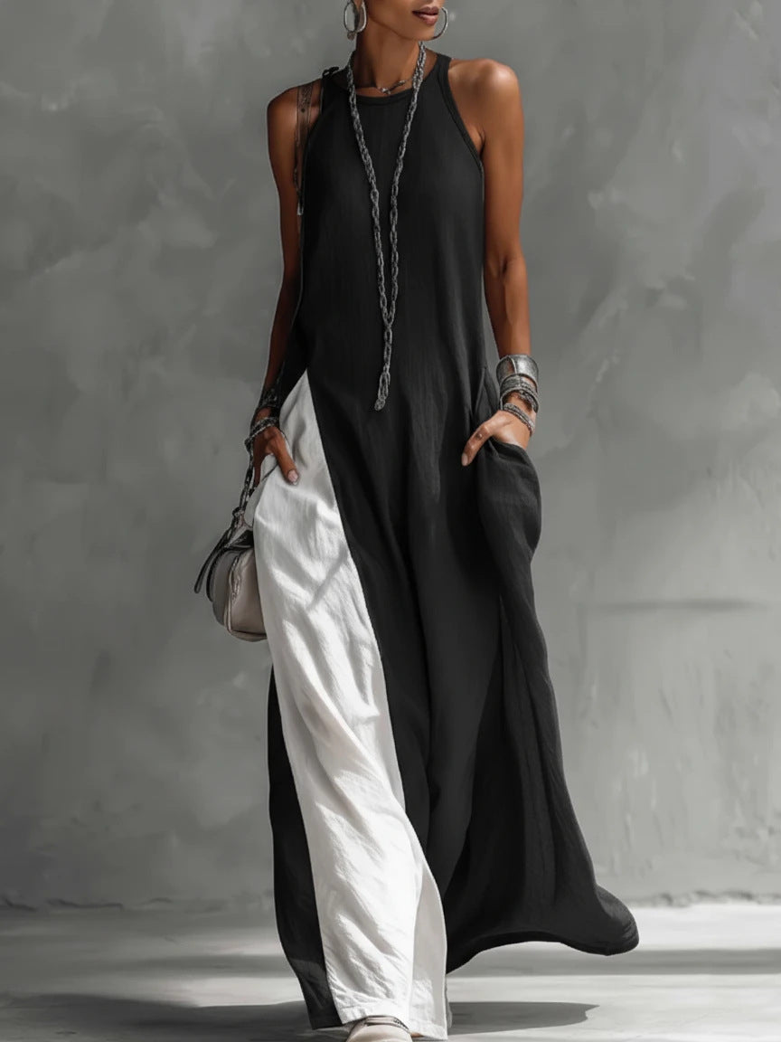 Momocco Avant-Garde Halter Maxi Dress - Contrast Color-Block Loose Fit Art-Style Gown
