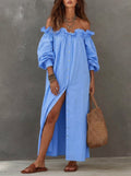 Womenâs Elegant Romantic Vocation Off-shoulder Ruffle Button Down Maxi Dress