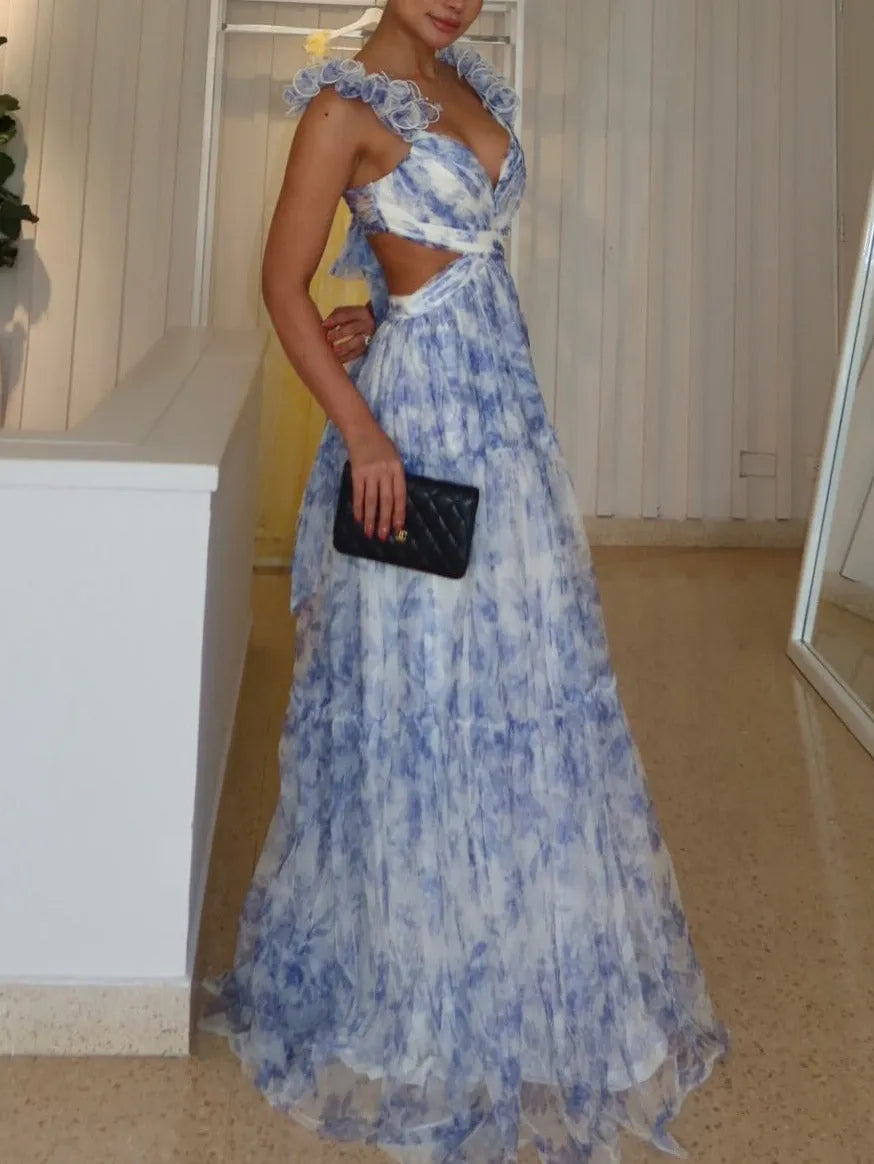 Elegant Floral Print Ruffle Strap Chiffon Maxi Dress