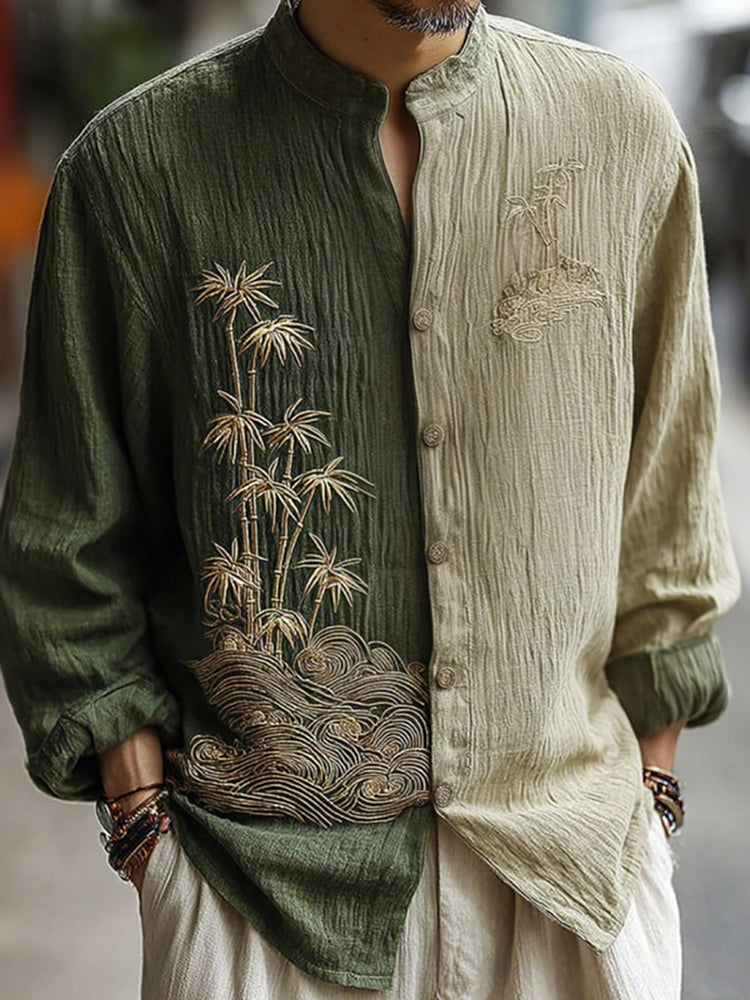 Men's Japanese-style Bamboo Waves Pattern Linen Blend Shirt