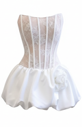 Strapless Floral Lace Corset Puff Dress White