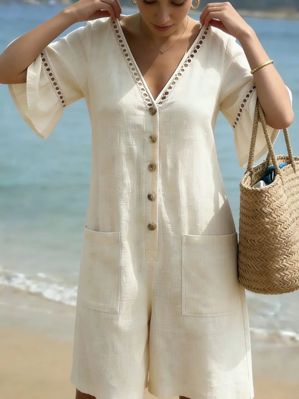 Retro Loose-fit Cutout Lace Cotton-linen Jumpsuit