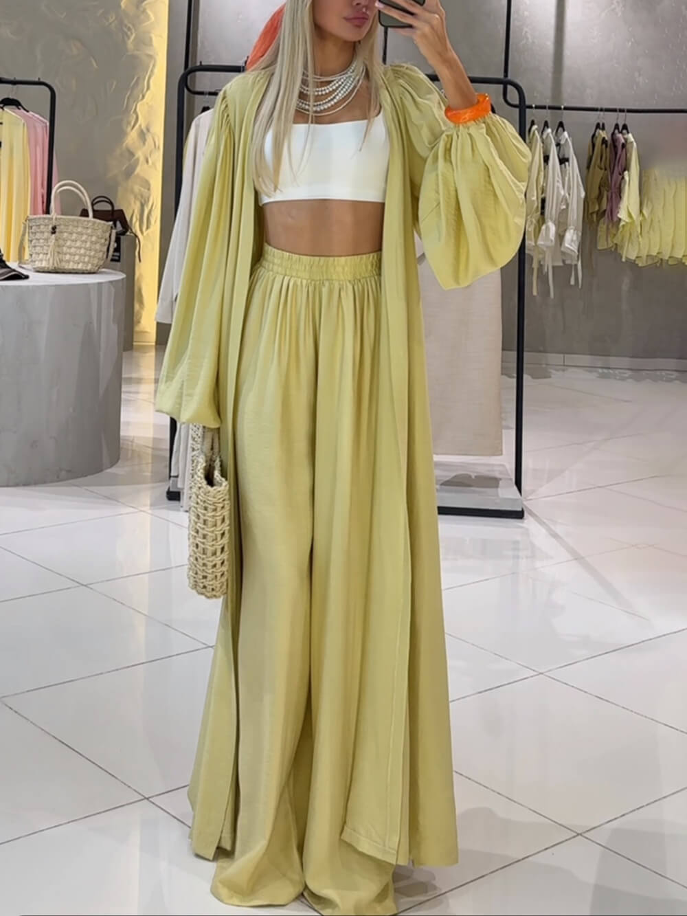 Unique Pleated Lantern Sleeve Cardigan-Style Long Top