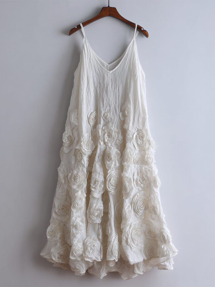 Bohemian Style Woman's V-neck White Rose Dress