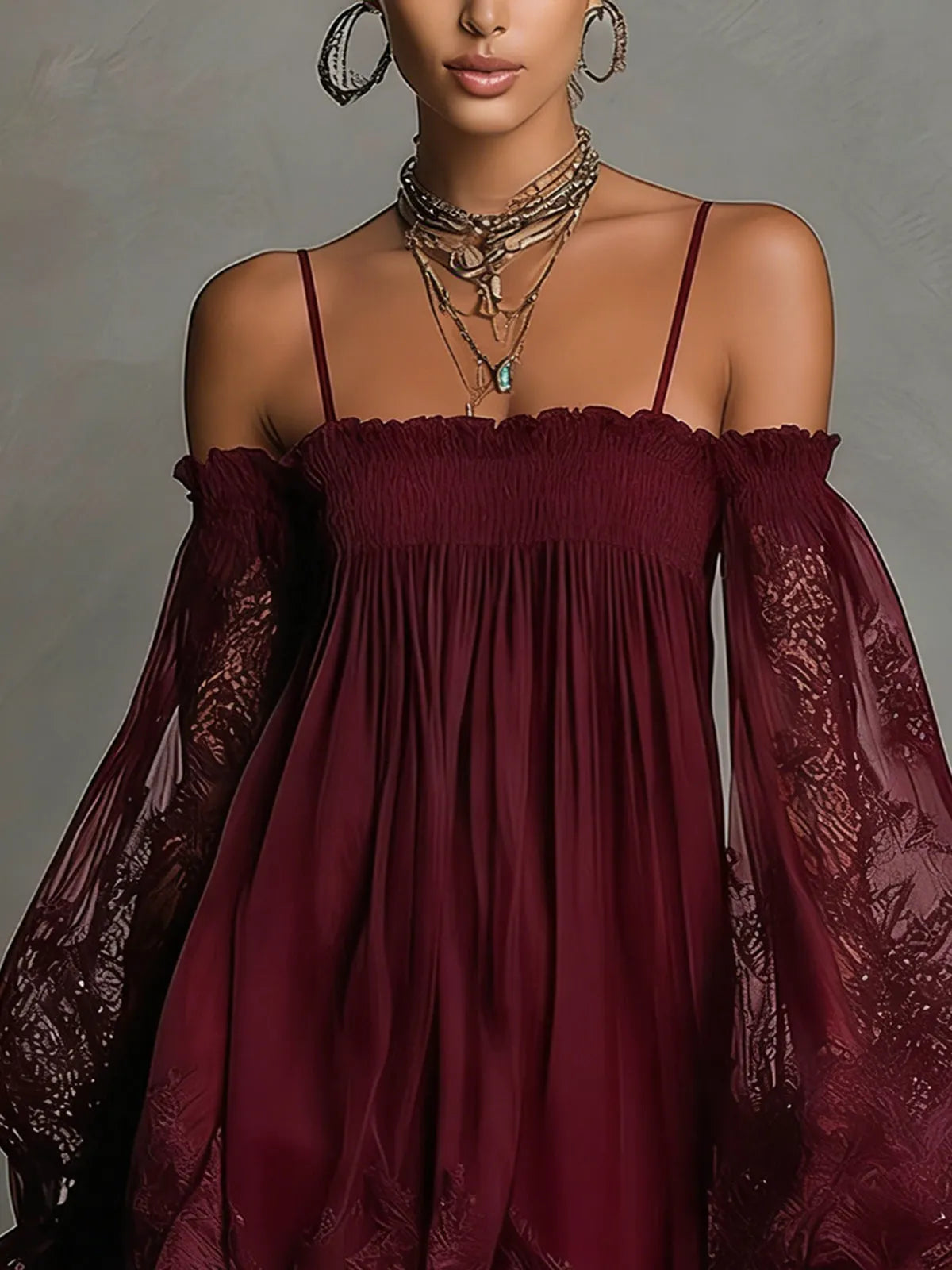 Navy Off-Shoulder Lace Trim Chiffon Mini Dress With Sheer Sleeves