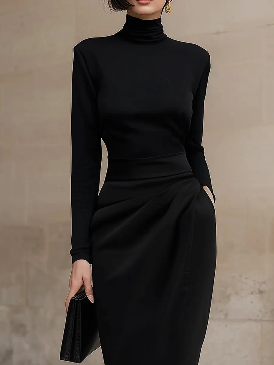 Sleek Black Turtleneck Draped Midi Dress