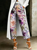 Women's Fashion Watercolor Floral Artistic Print Relaxed-fit Wide-leg Jeans
