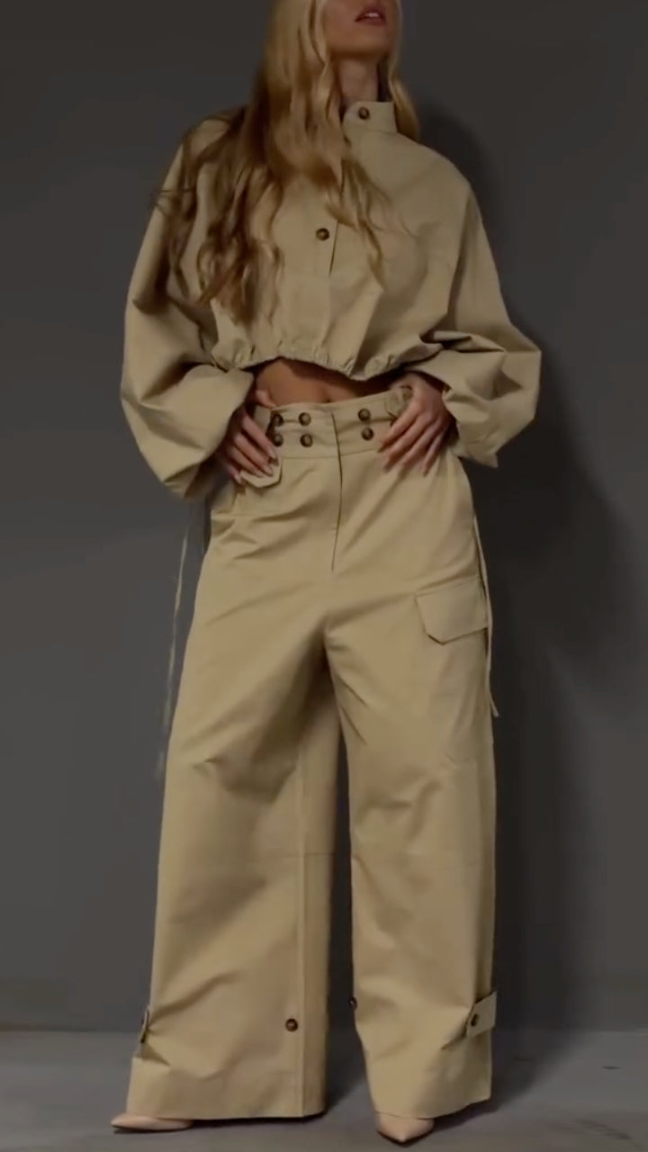 Khaki Workwear Style Cropped Top & Wide-Leg Pants Set