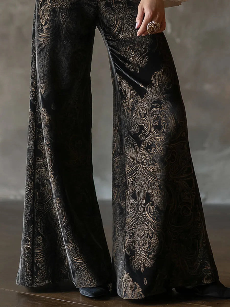 Vintage High-waisted Velveteen Paisley Print Wide-leg Pants
