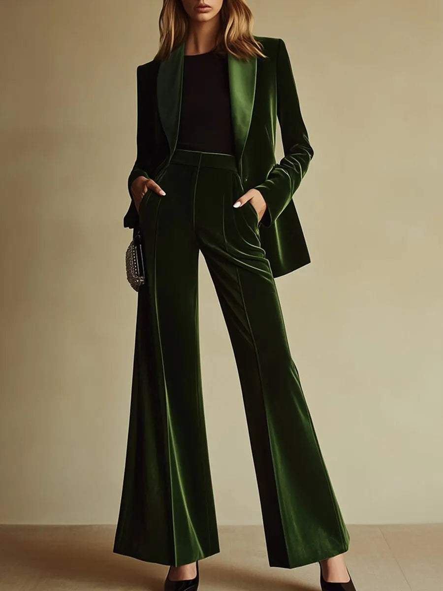 High-End Temperament Loose Retro Green Velvet Suit