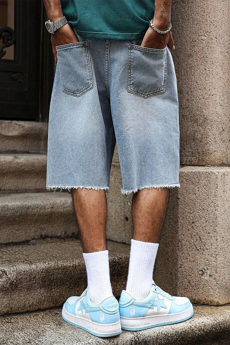 Men's Distressed Frayed Blue Flower Baggy Denim Jeans