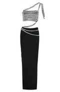 One Shoulder Crystal Trims Maxi Dress Black