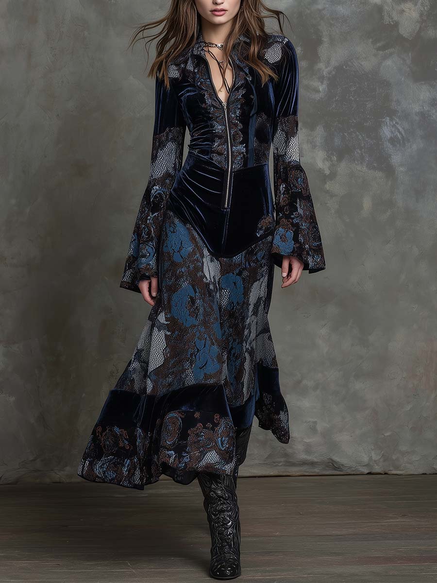 Snake-print Floral Velvet Maxi Dress