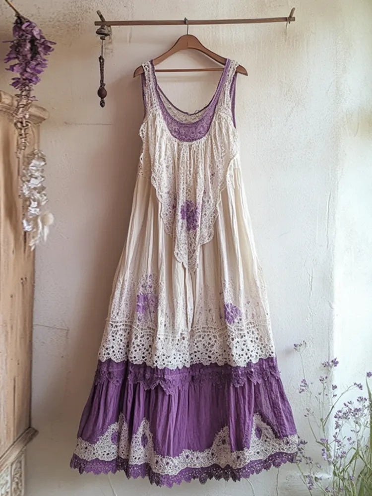 Boho Gradient Lavender Embroidered Pattern Lace Linen Dress