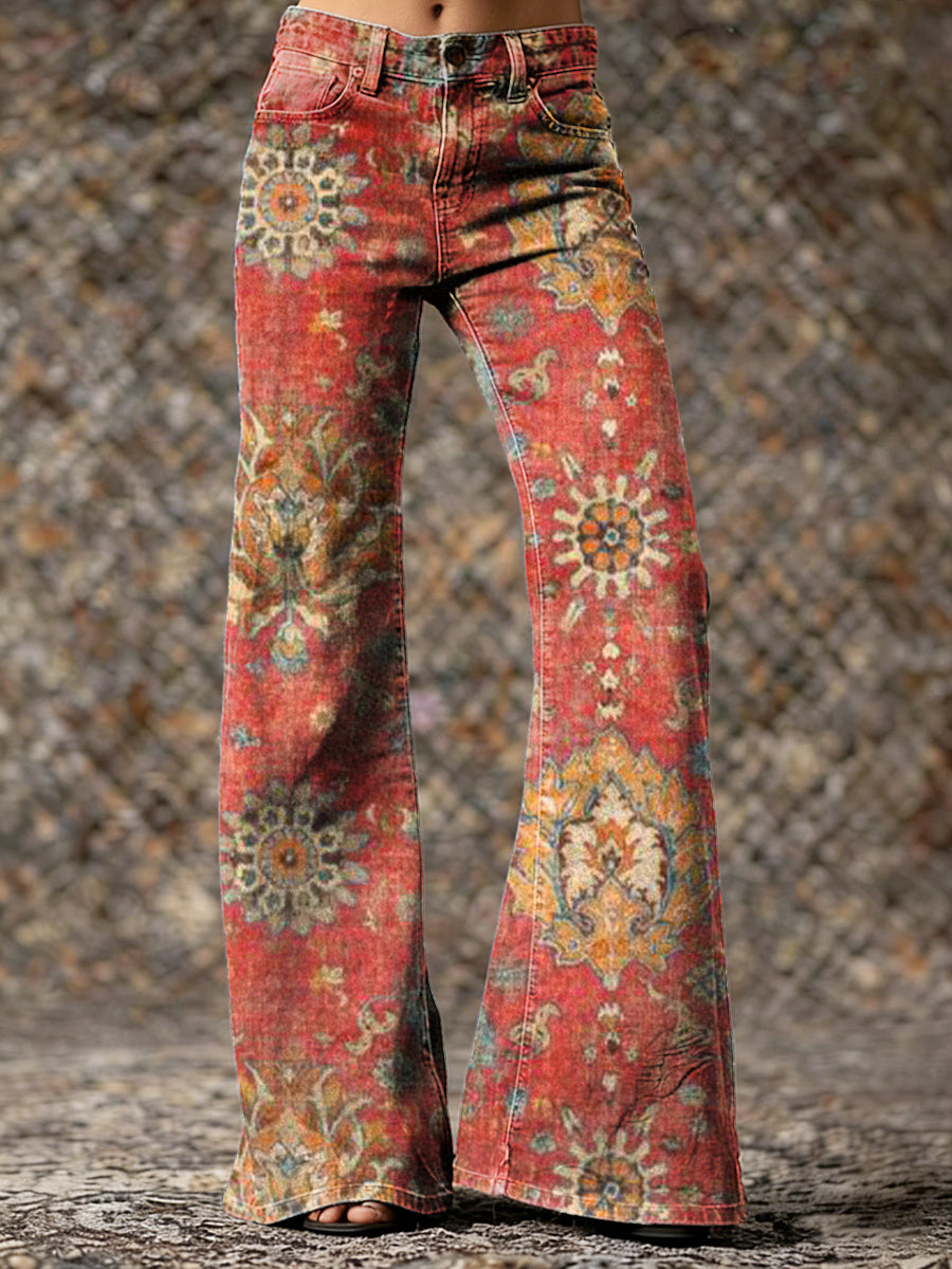 Women's Retro Ethnic Floral Art Print Casual Washed Pants