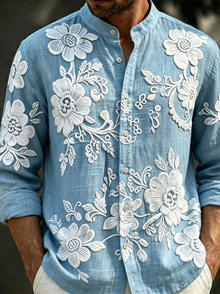 Men's Spring Floral Embroidered Art Print Flowy Linen Blend Casual Shirt