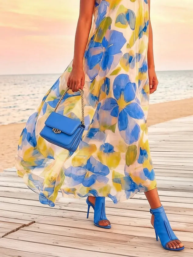 Vacation Floral Printing Mock Neck Maxi Dress