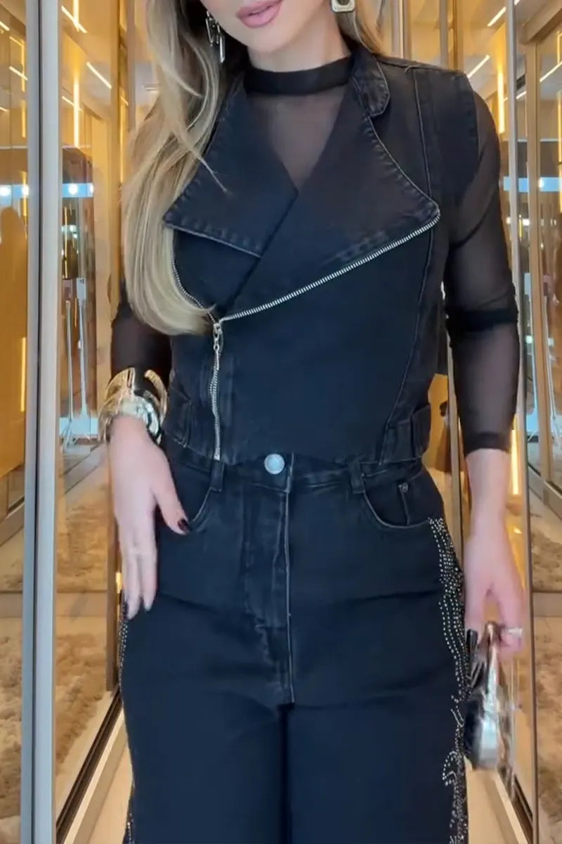 Women's Casual Lapel Denim Vest or Side Rhinestone Jeans