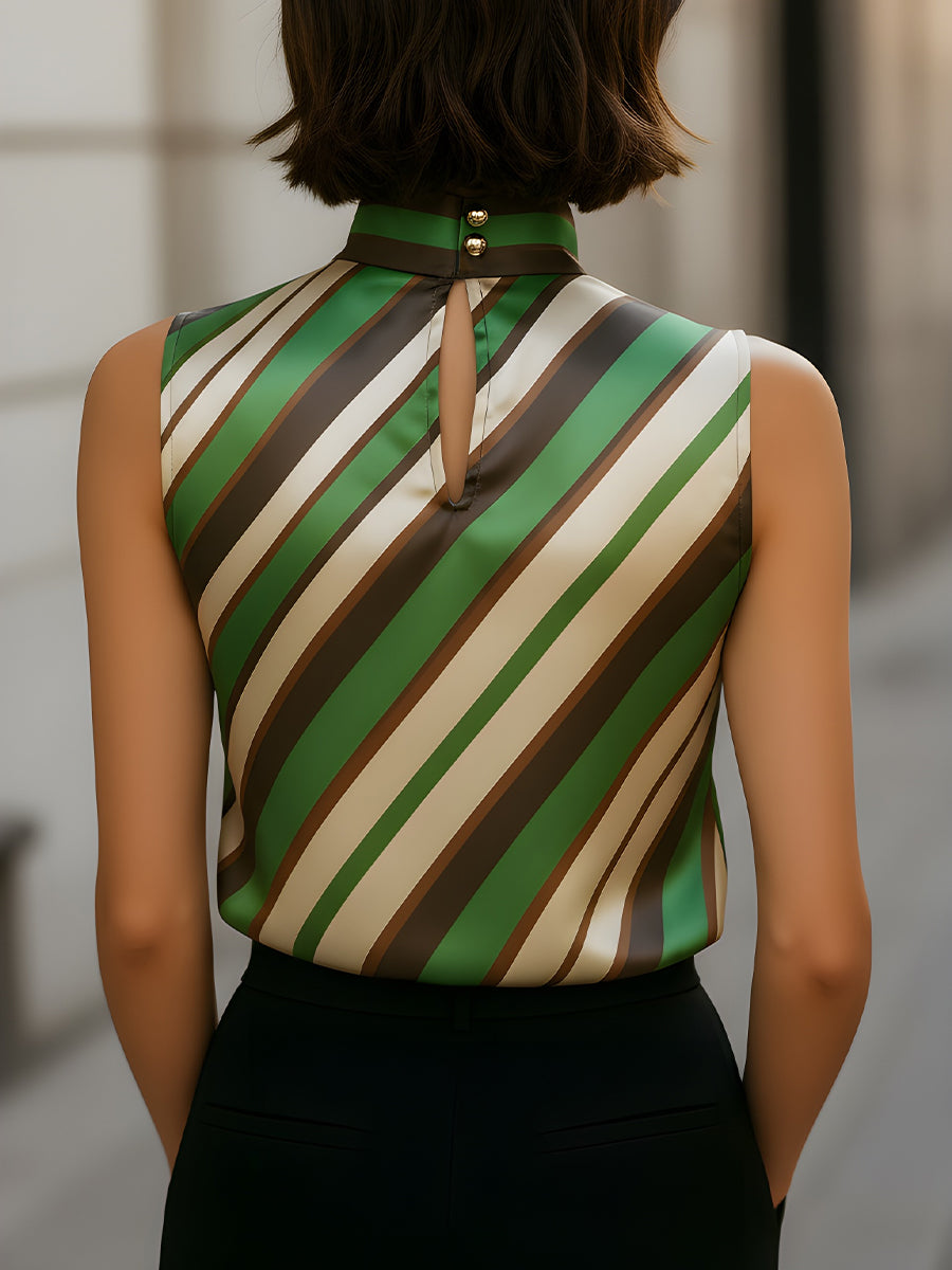 Striped Satin High-Neck Sleeveless Blouse