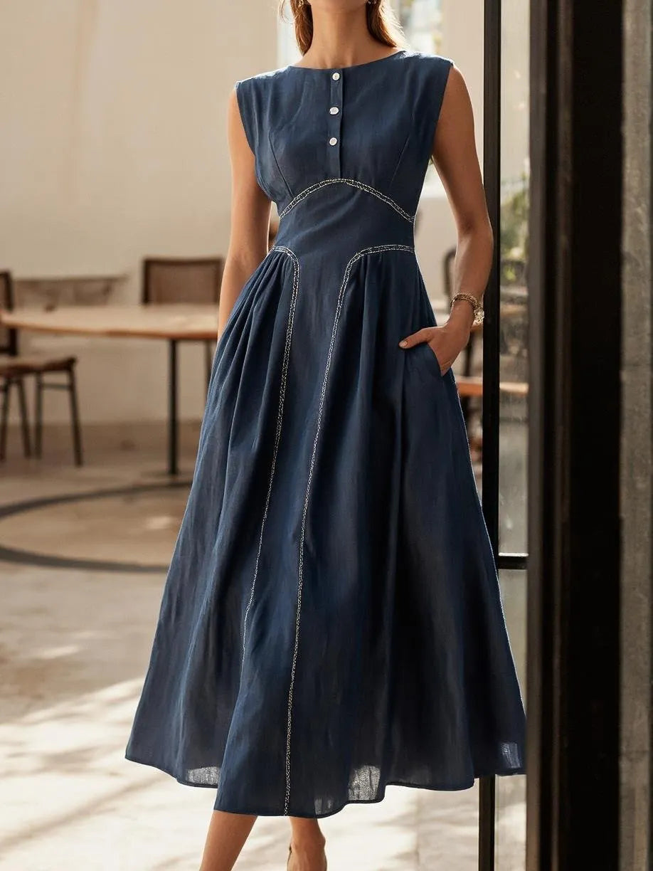 Maxi Linen Dress, Cap Sleeves, Crew Neck, Plain, Pocket Design, French Vintage, Blue