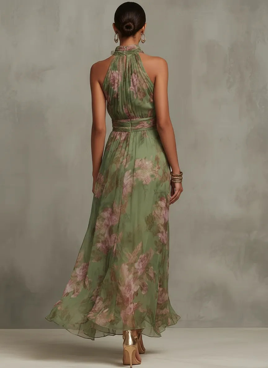 Green Floral Chiffon Halter Maxi Dress