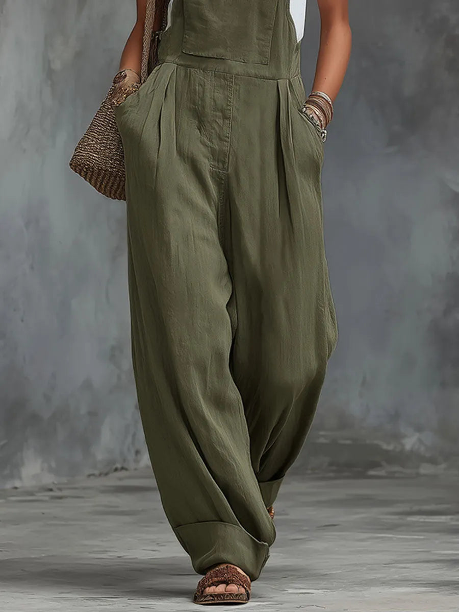 Army Green Adjustable Cotton And Linen Wide-leg Overalls