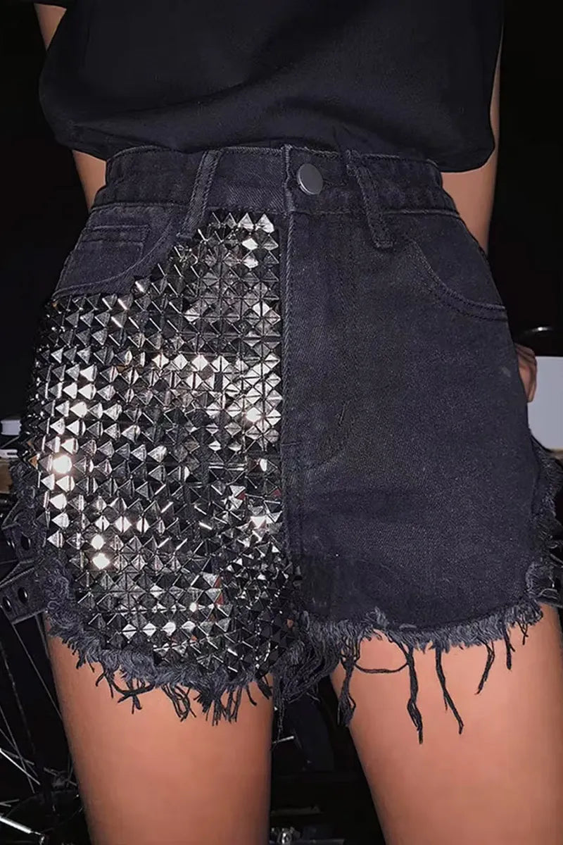 Ladies' Hot Selling Casual Rivet Hollow Denim Shorts