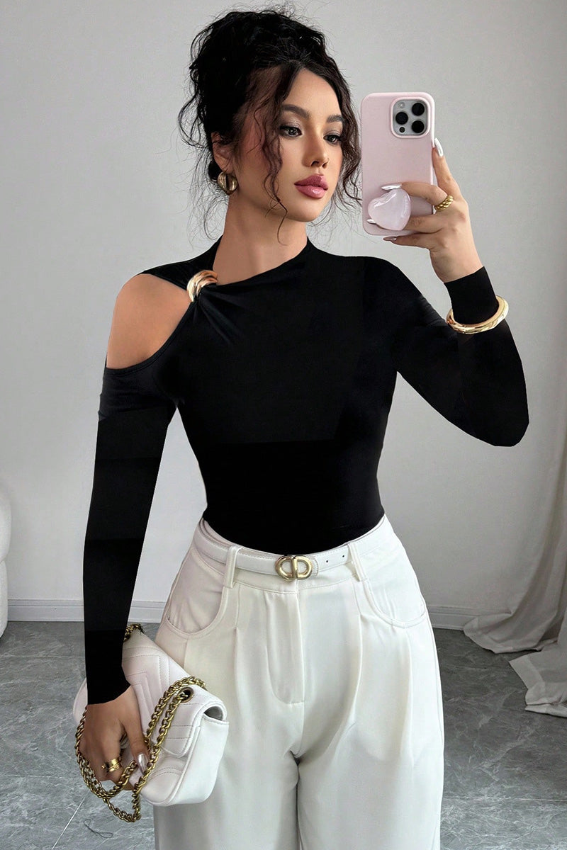Lady's Asymmetric Neckline One-Shoulder Metal Decor Slim Top