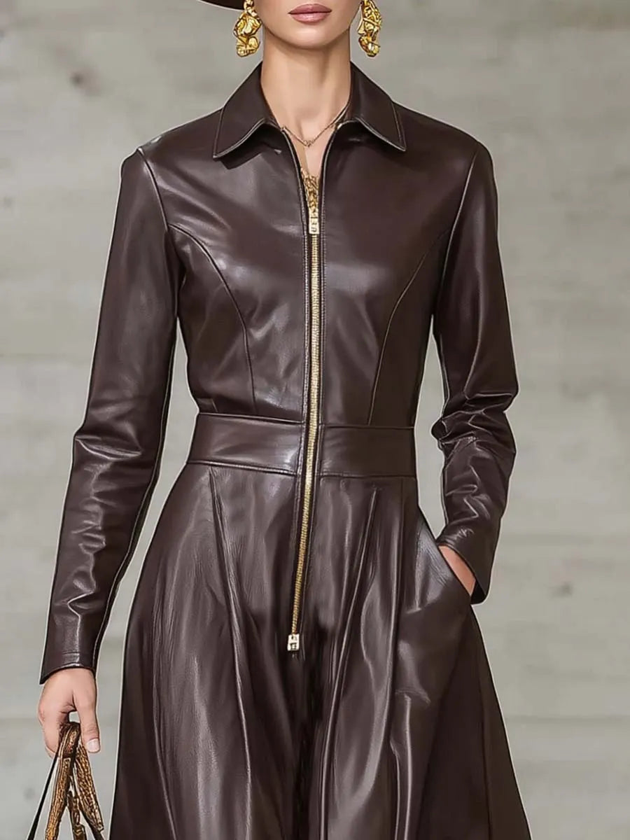 Exquisite Temperament Front Zipper Long Sleeve High-quality Brown Leather Maxi Dress