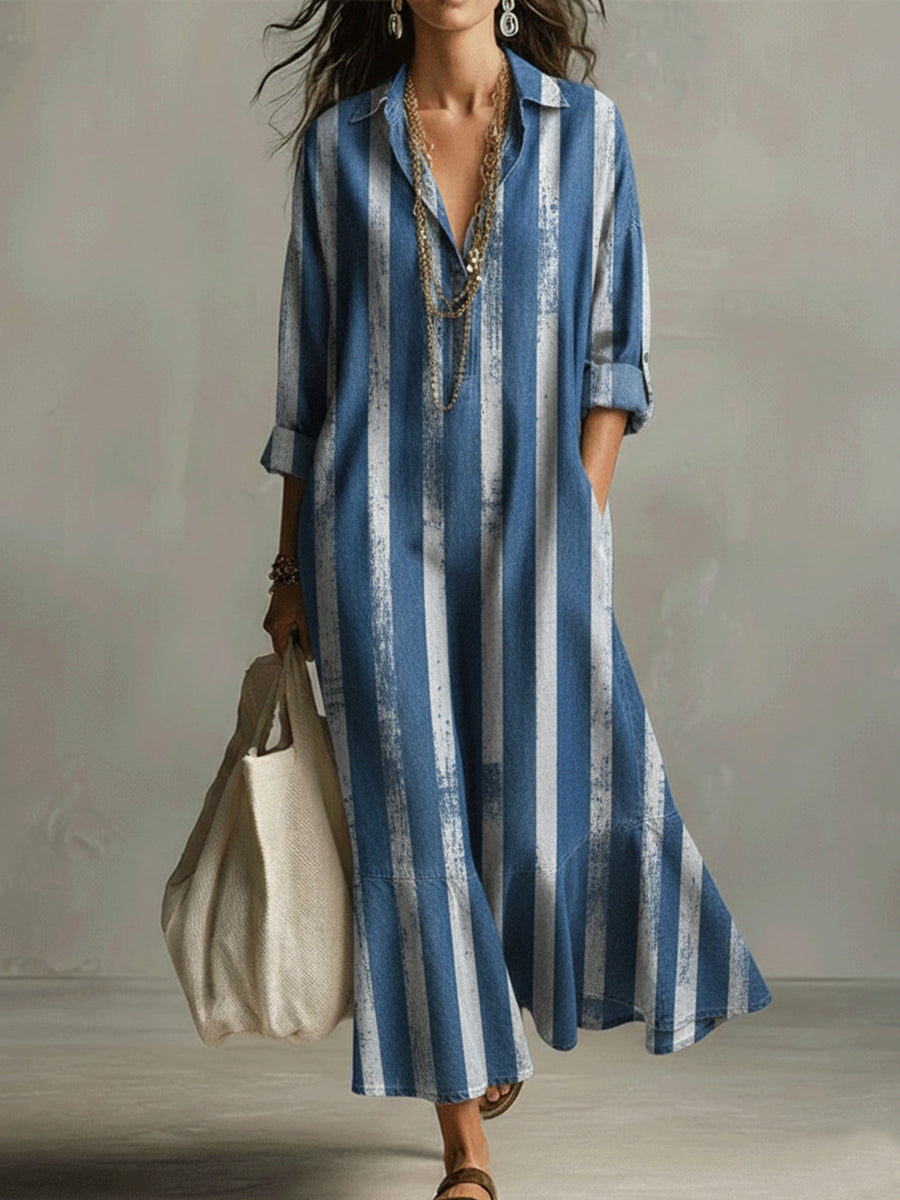 Retro Striped Ruffled Hem Dress