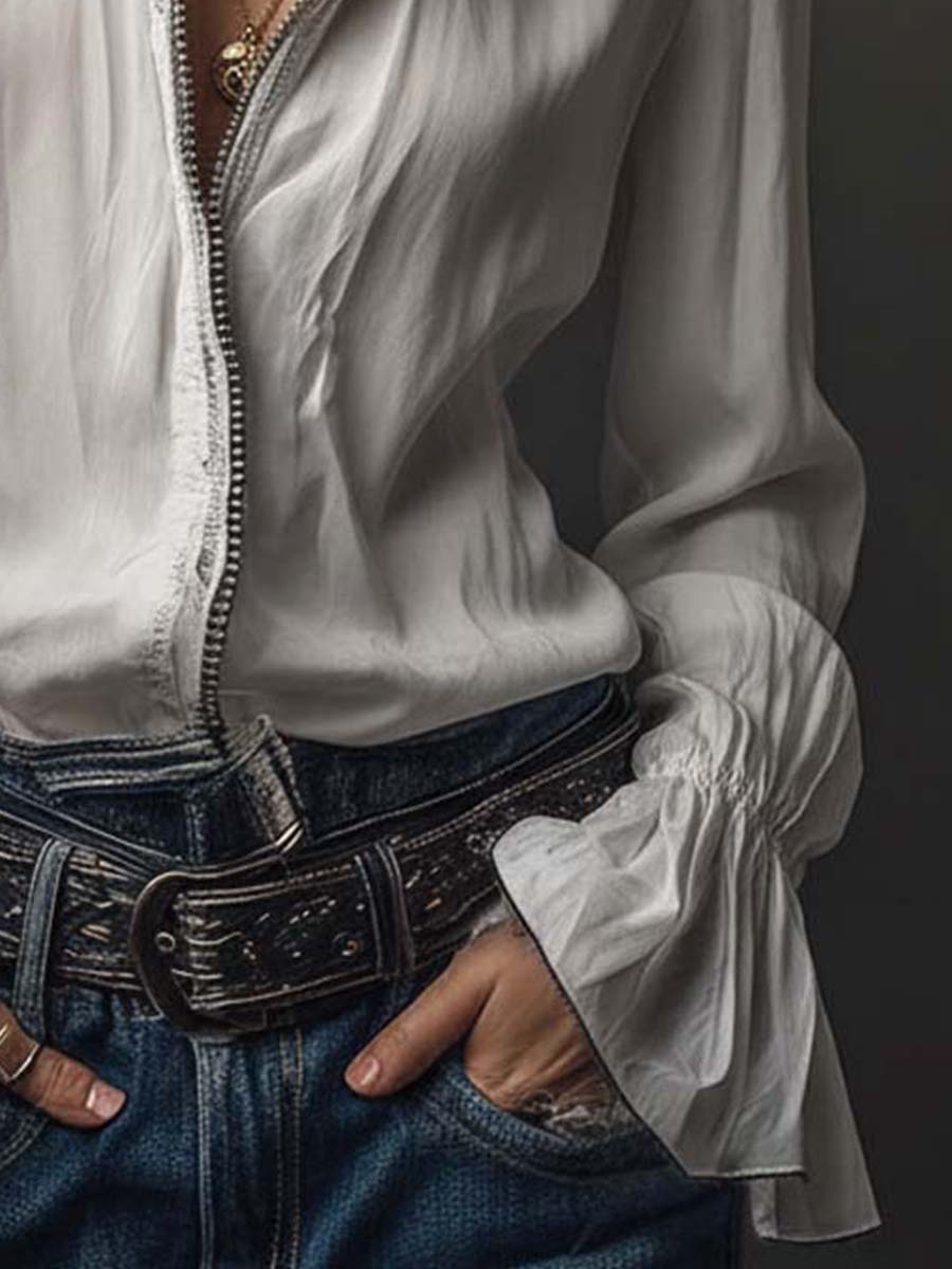 White Zip-Front Blouse With Flounce Cuffs