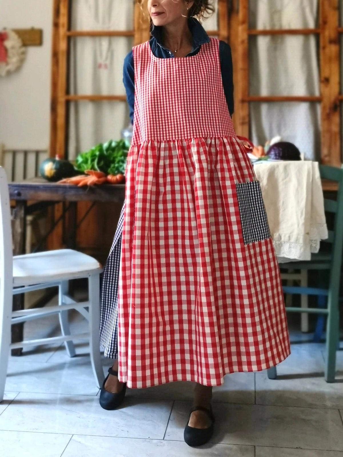 Red and Blue Checked Patchwork Apron